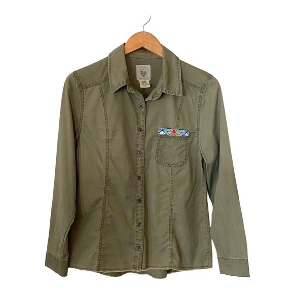 Billabong Army Green Aztec Beaded Button Down Shirt‎ Size Medium - Picture 1 of 8